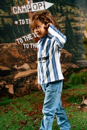 Blauw-wit gestreept poloshirt met tekstprint | AOP Blue Stripe