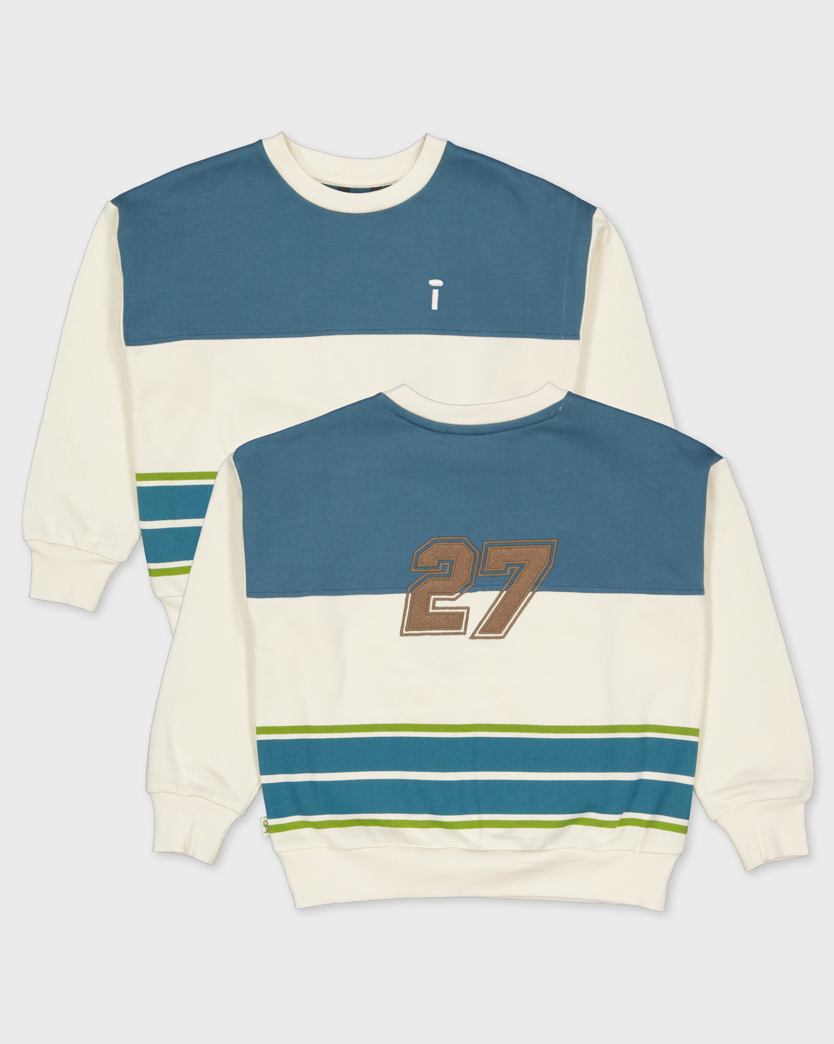 Crèmekleurige sweater met petrolblauwe kleurvlakken | Off White