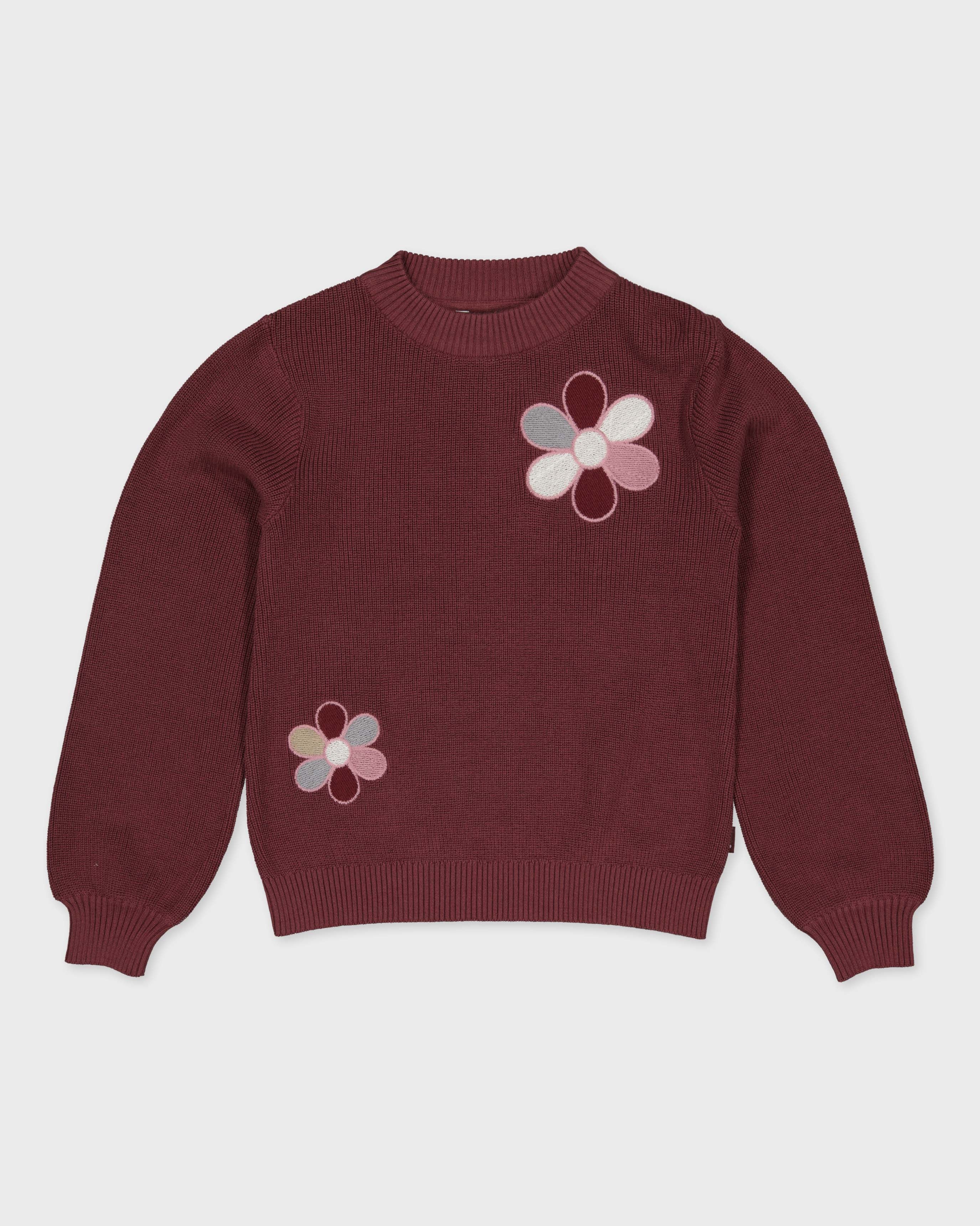 Bordeauxrood gebreid vest met bloemen | Burgundy