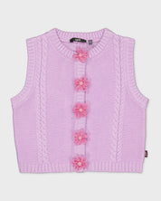 Lila gebreide bodywarmer met bloemknopen | Lavender