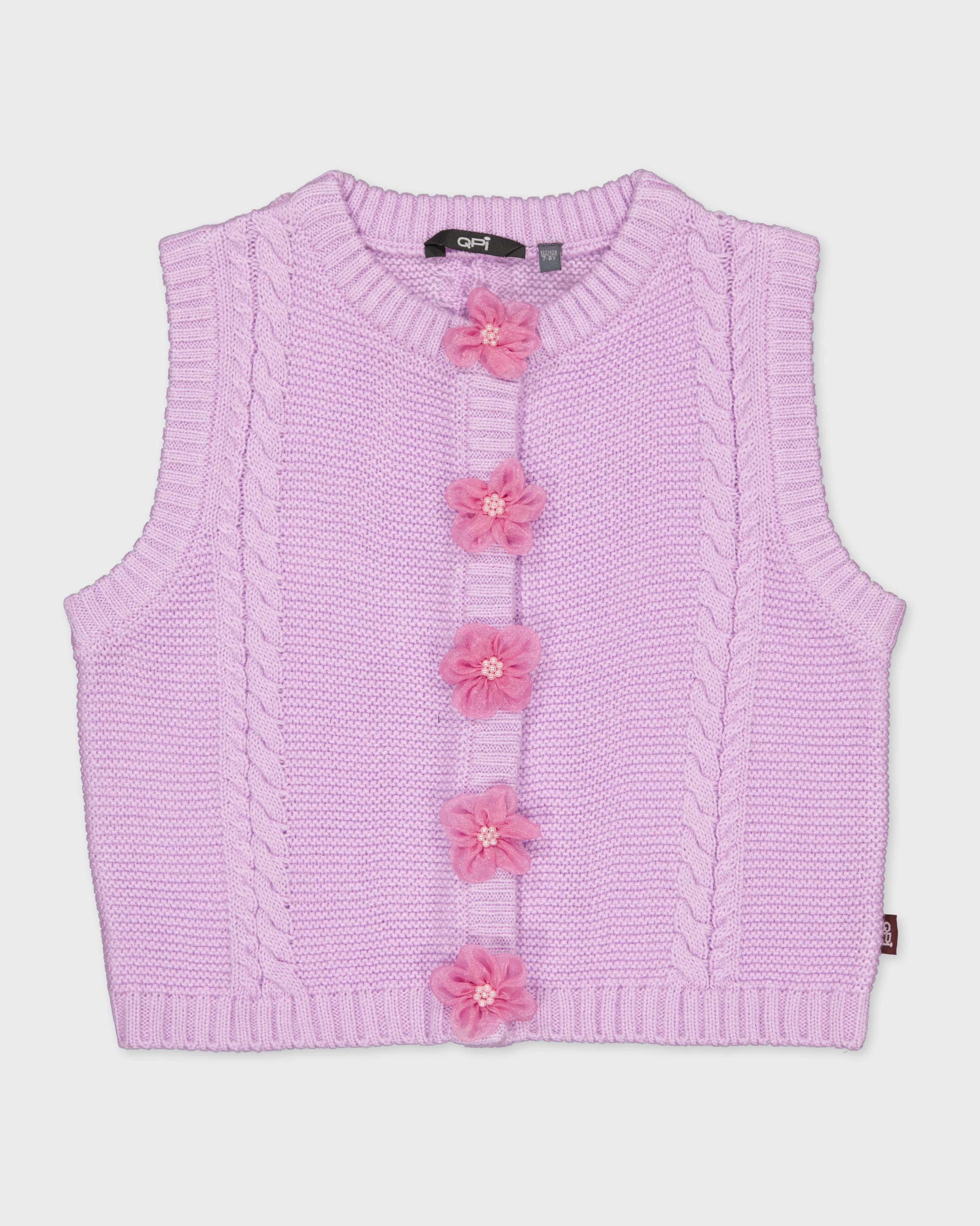 Lila gebreide bodywarmer met bloemknopen | Lavender