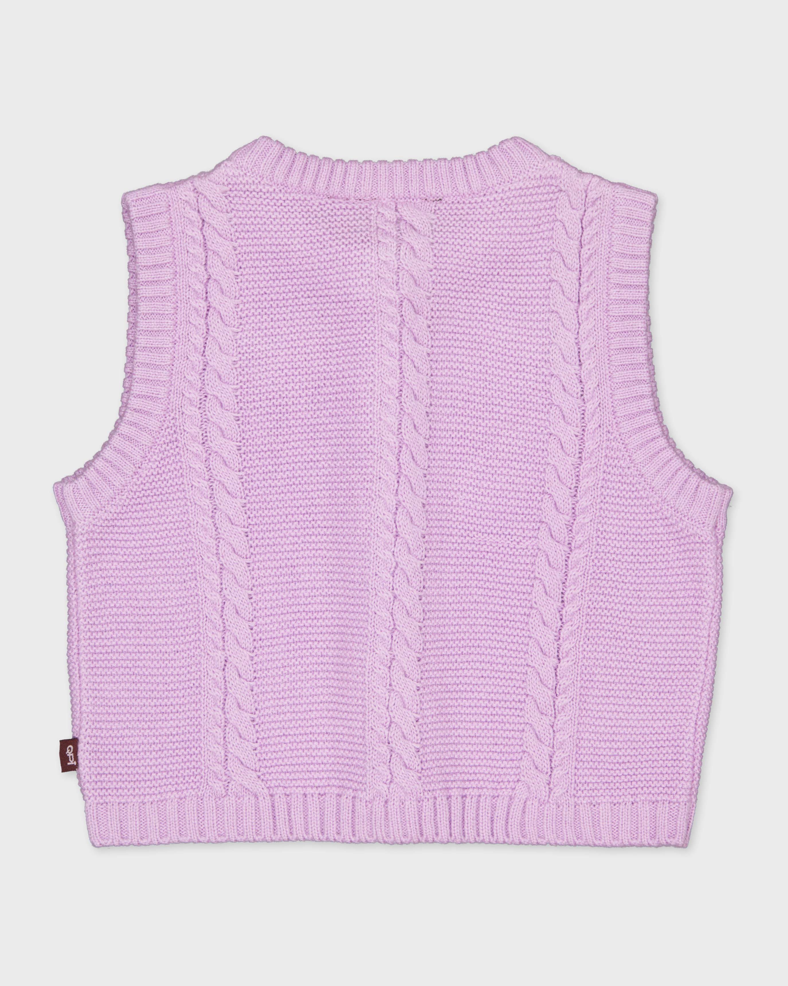 Lila gebreide bodywarmer met bloemknopen | Lavender