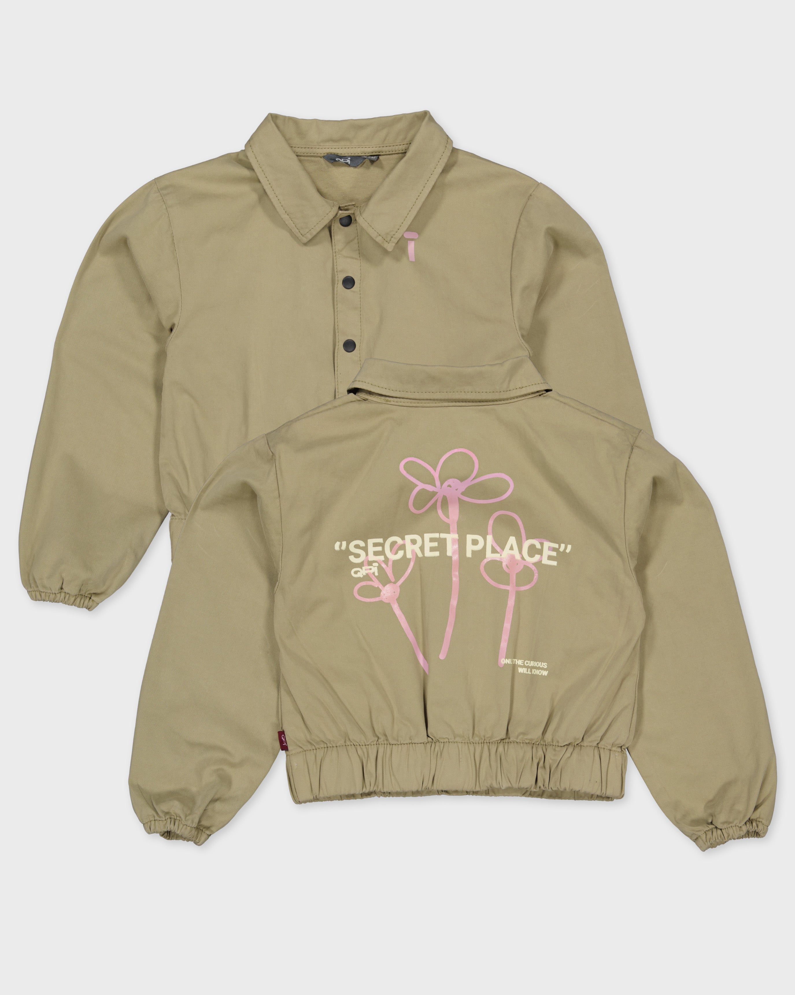 Olijfgroen jack met flamingoprint | Taupe Green