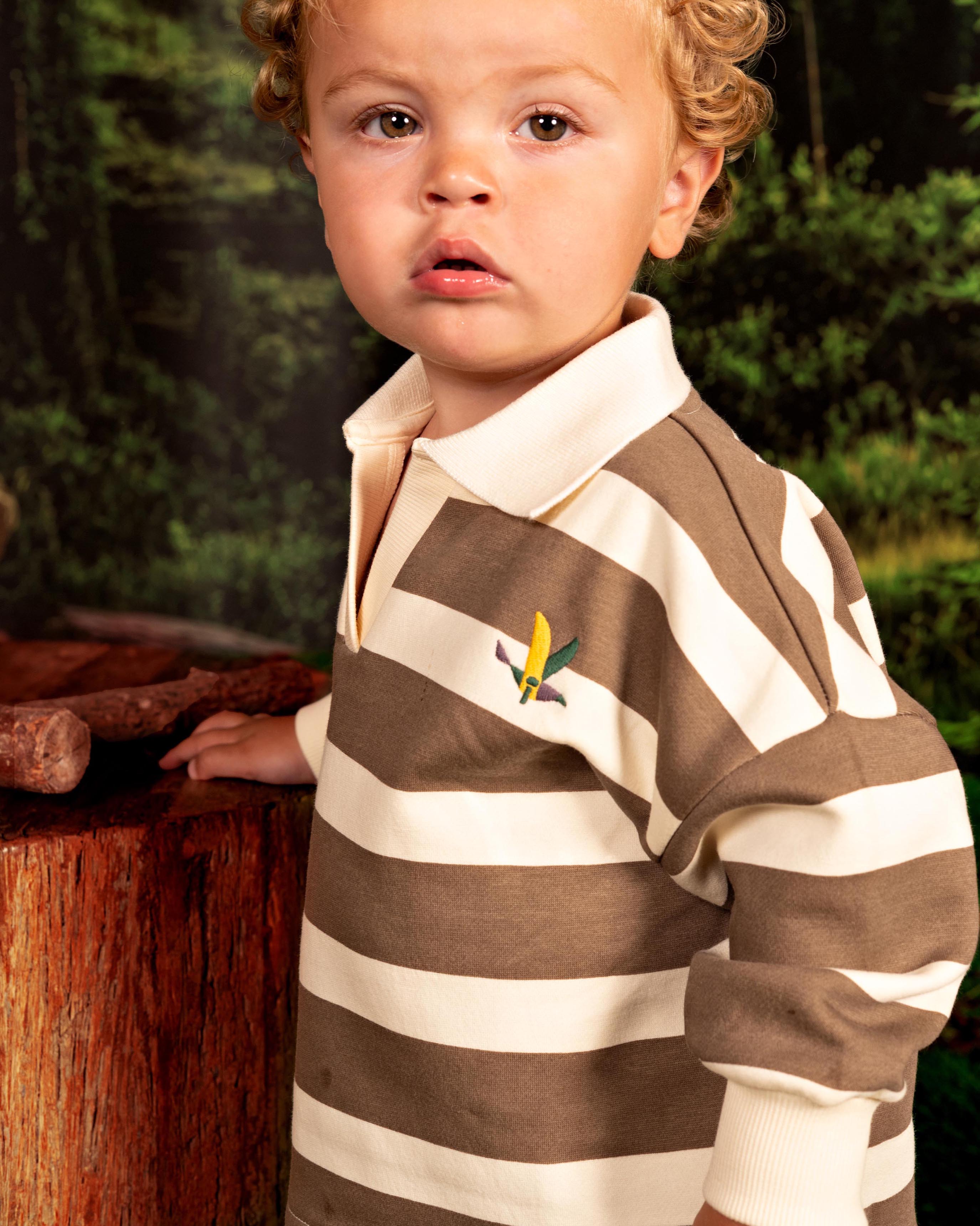 Bruin gestreepte polo met lange mouwen | AOP Off White Stripe