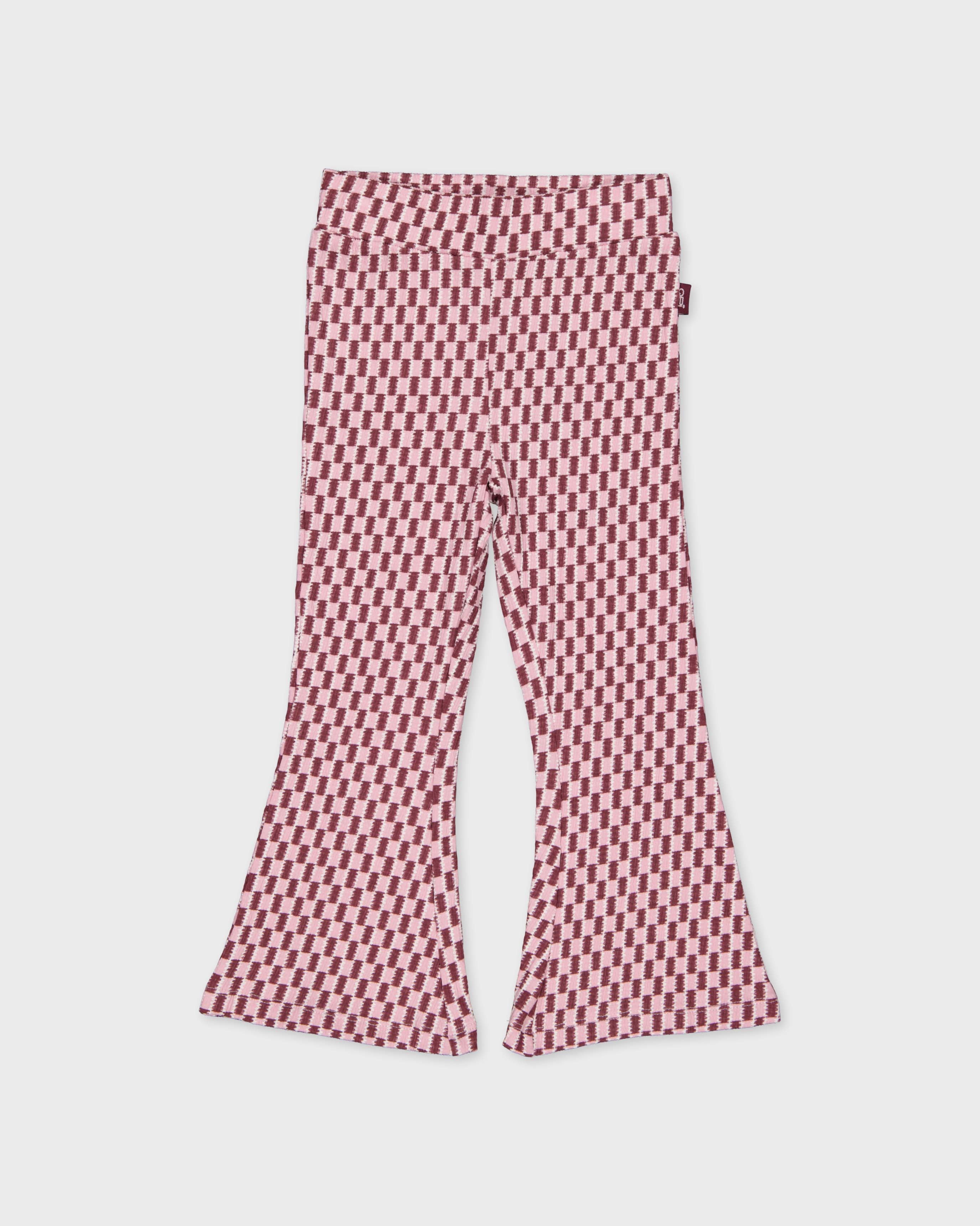 Roze flared broek met bordeaux ruitpatroon | AOP Purple Graphic