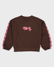 Donkerbruine sweater met roze mouwbies | Brown
