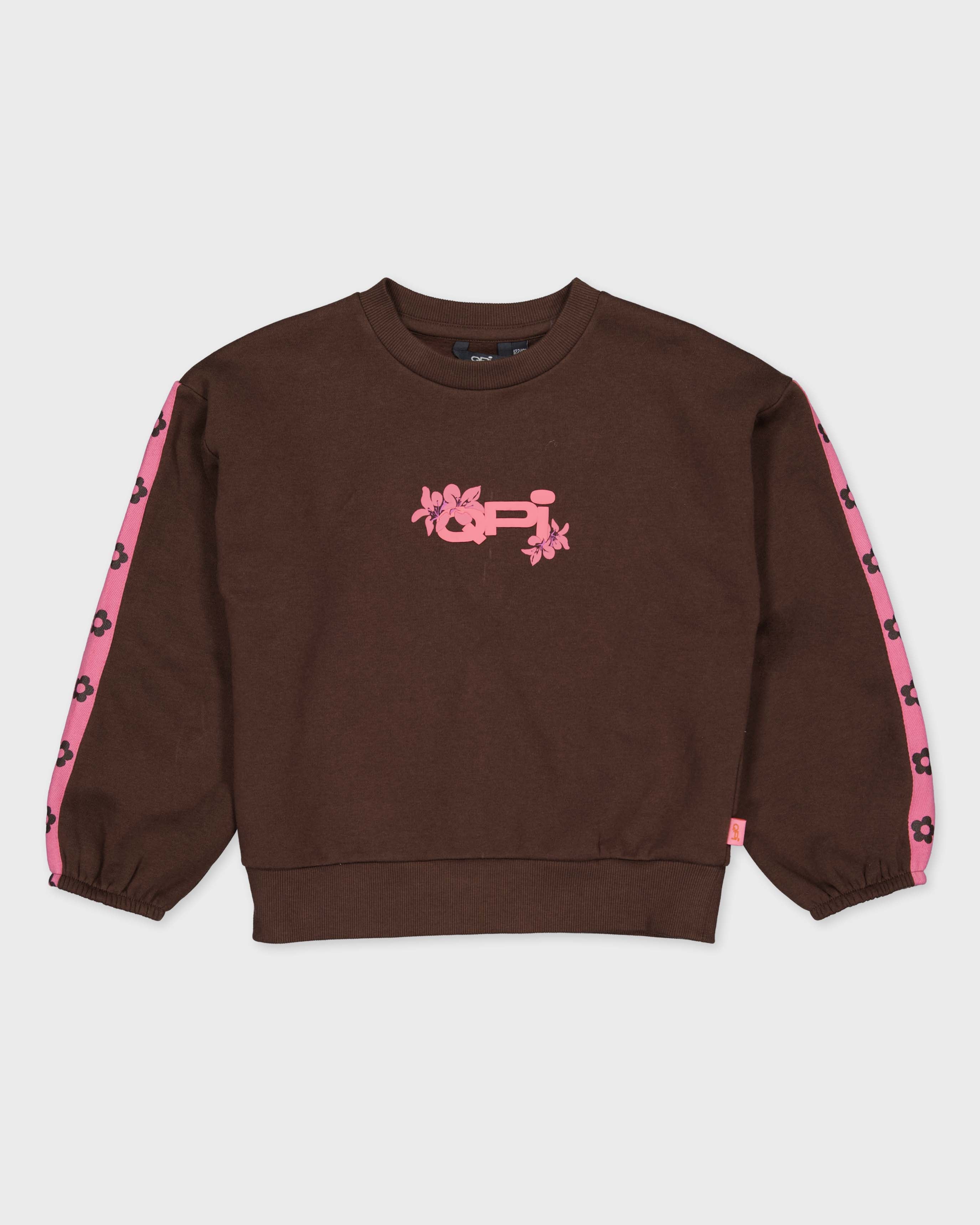Donkerbruine sweater met roze mouwbies | Brown