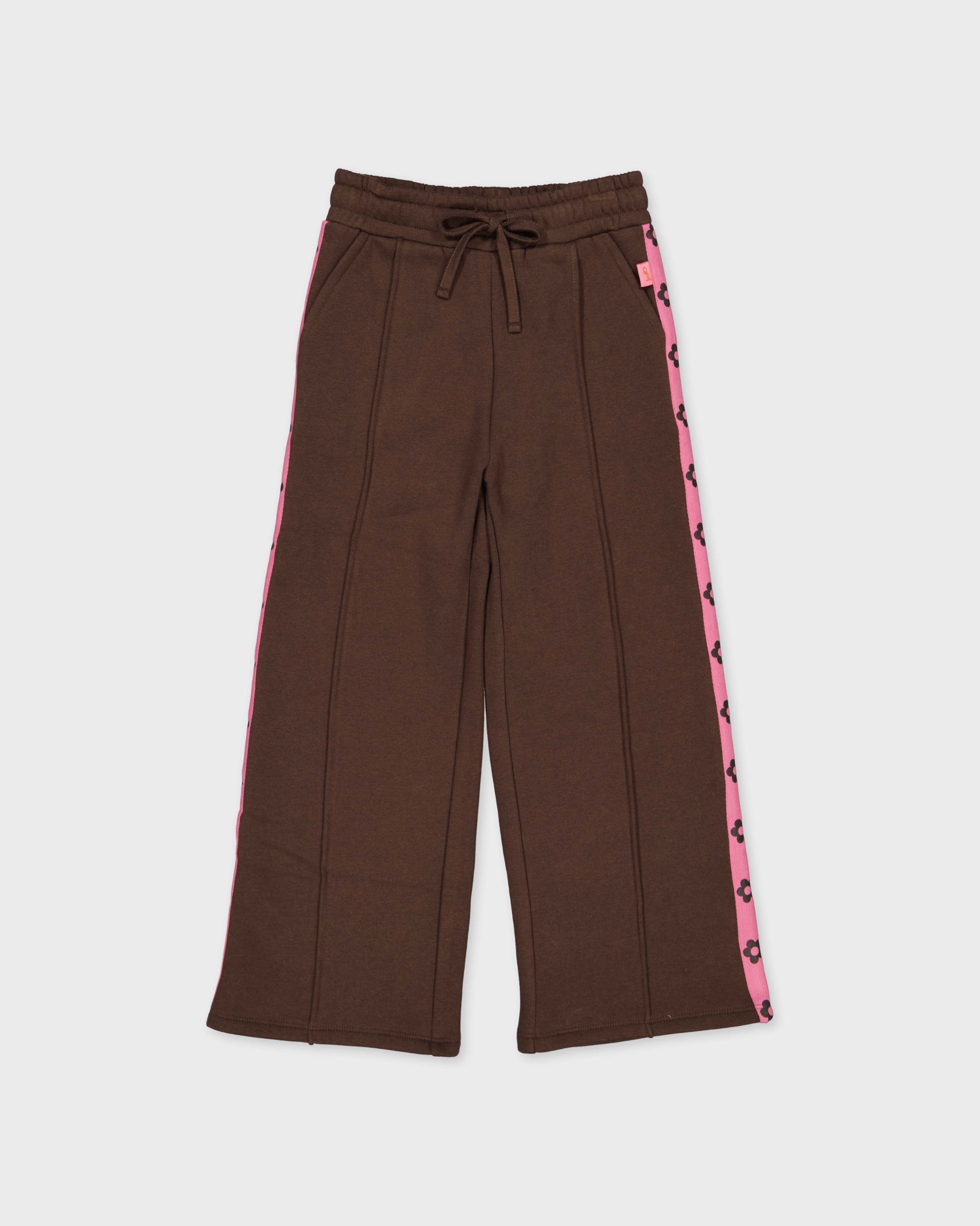 Donkerbruine broek met roze zijbies | Brown