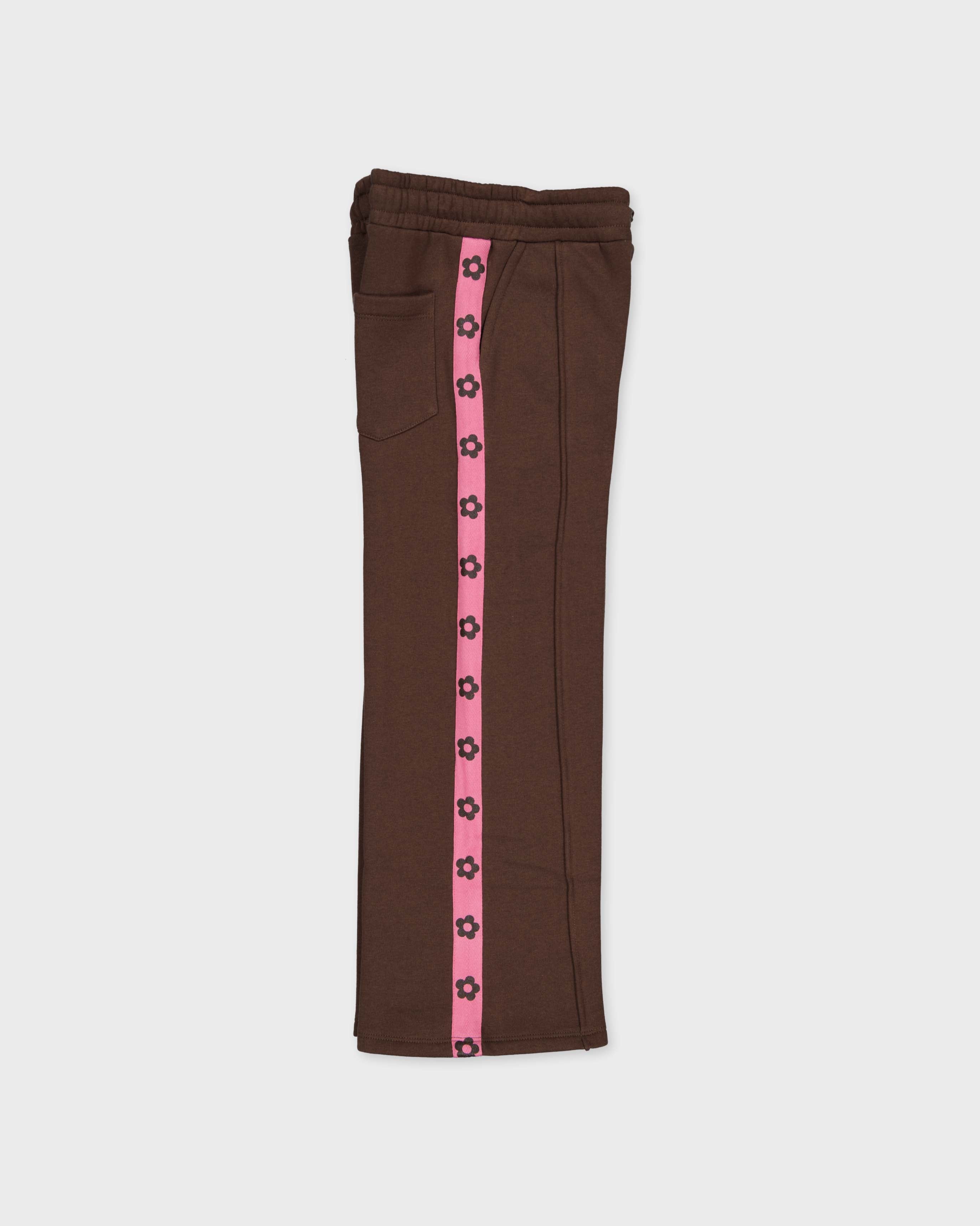Donkerbruine broek met roze zijbies | Brown