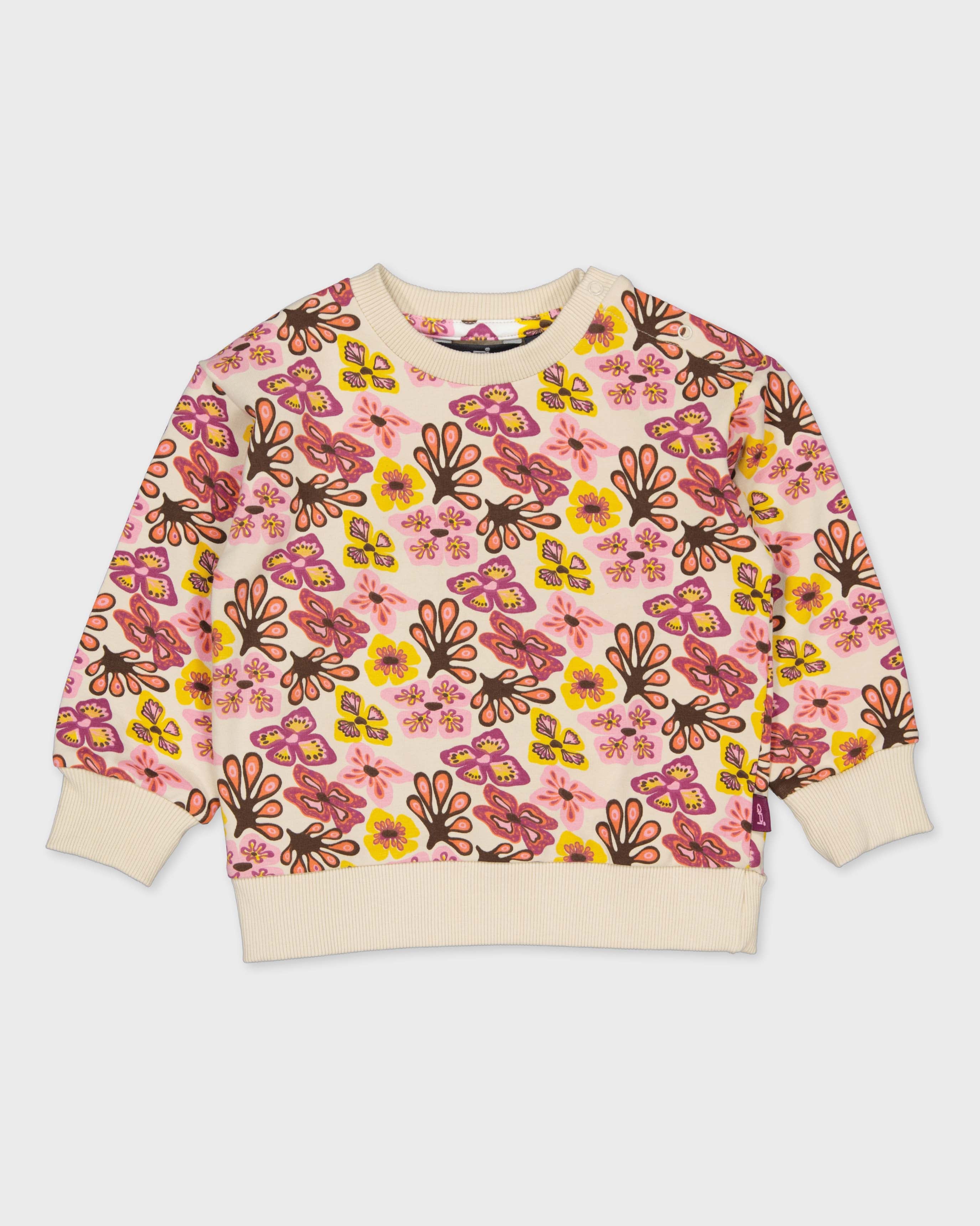 Beige sweater met multicolor bloemenprint | AOP Purple Flower