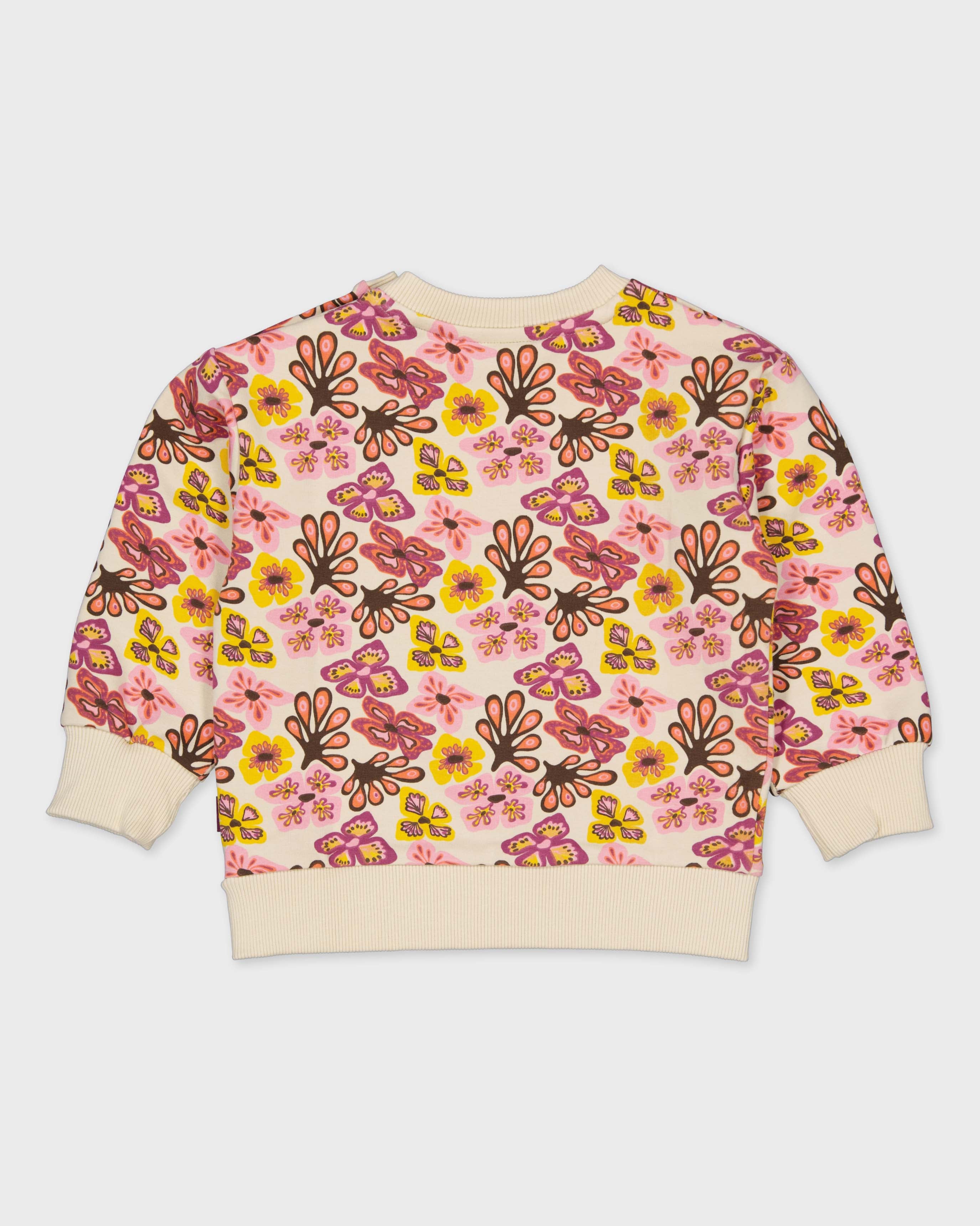 Beige sweater met multicolor bloemenprint | AOP Purple Flower
