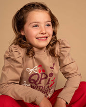 Zandkleurige longsleeve met artwork | Taupe