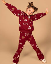 Bordeauxrode broek met hartjesprint | AOP Red Hearts
