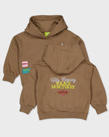 Zandkleurige hoodie met borst- en rugprint | Dessert Sand