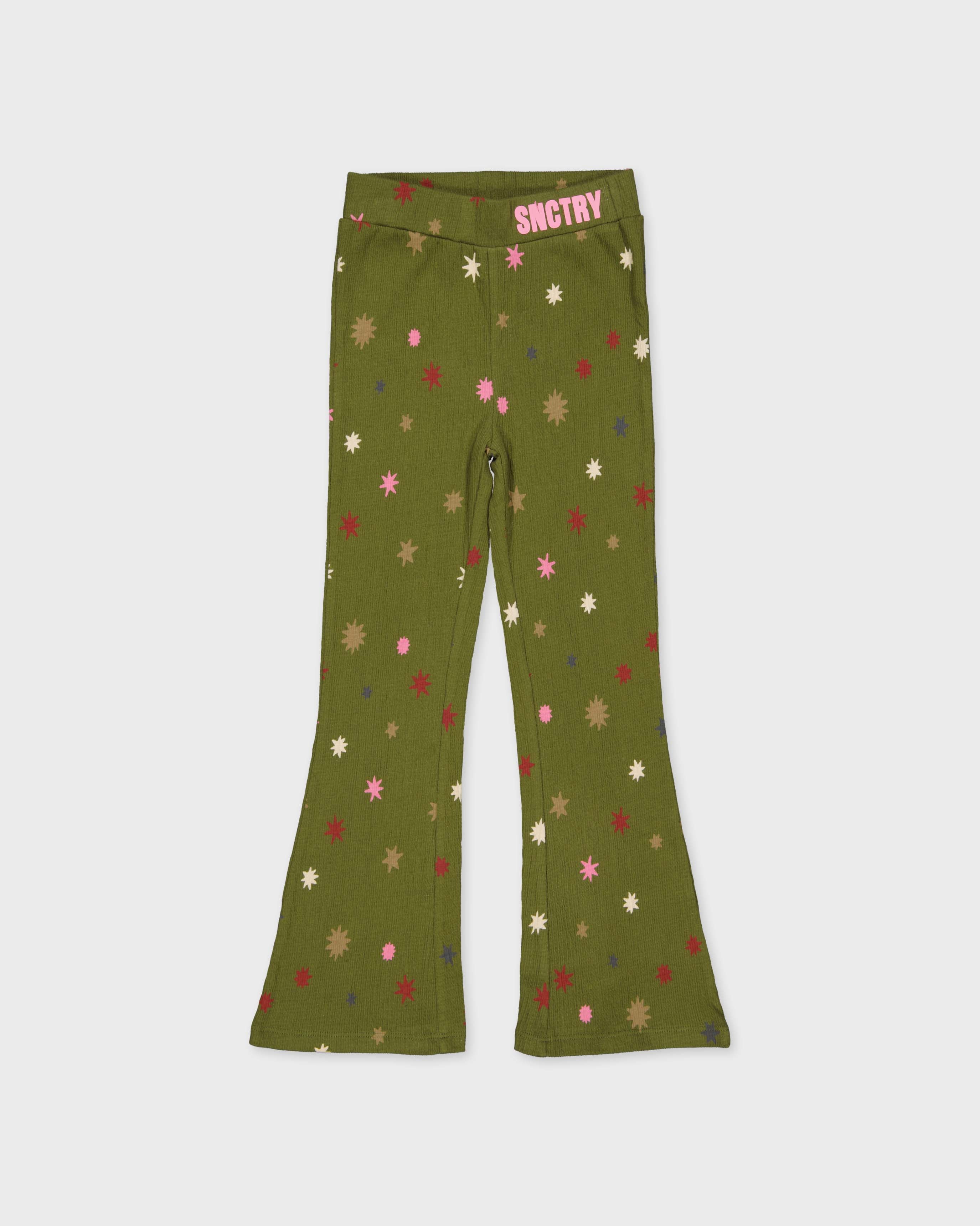 Olijfgroene flared broek met all-over print | AOP Green Graphic